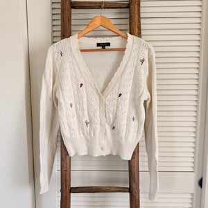 Wittty Fox Cream Floral Embroidered Cropped Cardigan Sweater Cottagecore